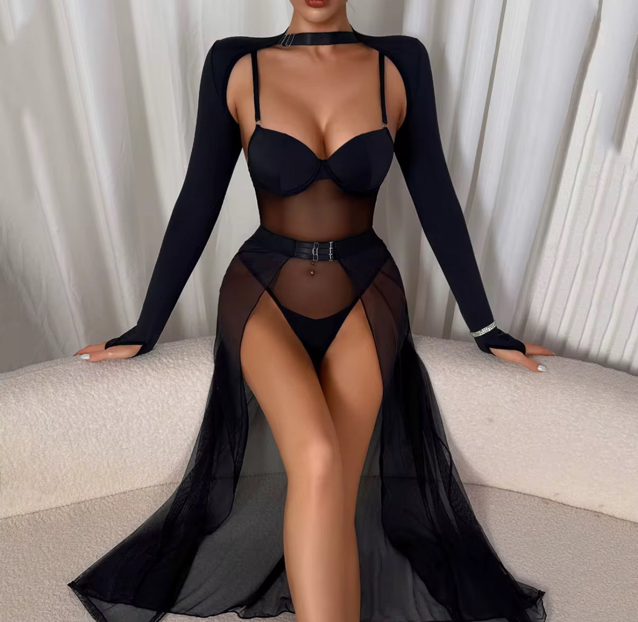 Seductive 3-Piece Mesh Lingerie Set with High-Slit Skirt