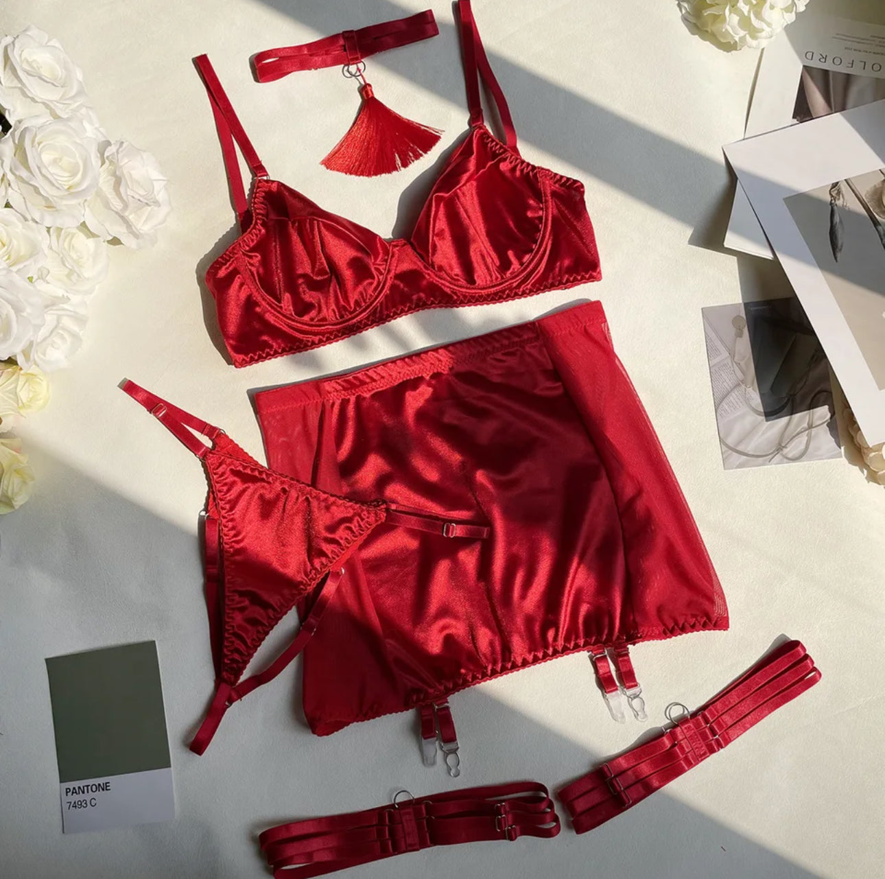 Luxury Red Satin 5-Piece Lingerie Set with Garter Belt & Choker