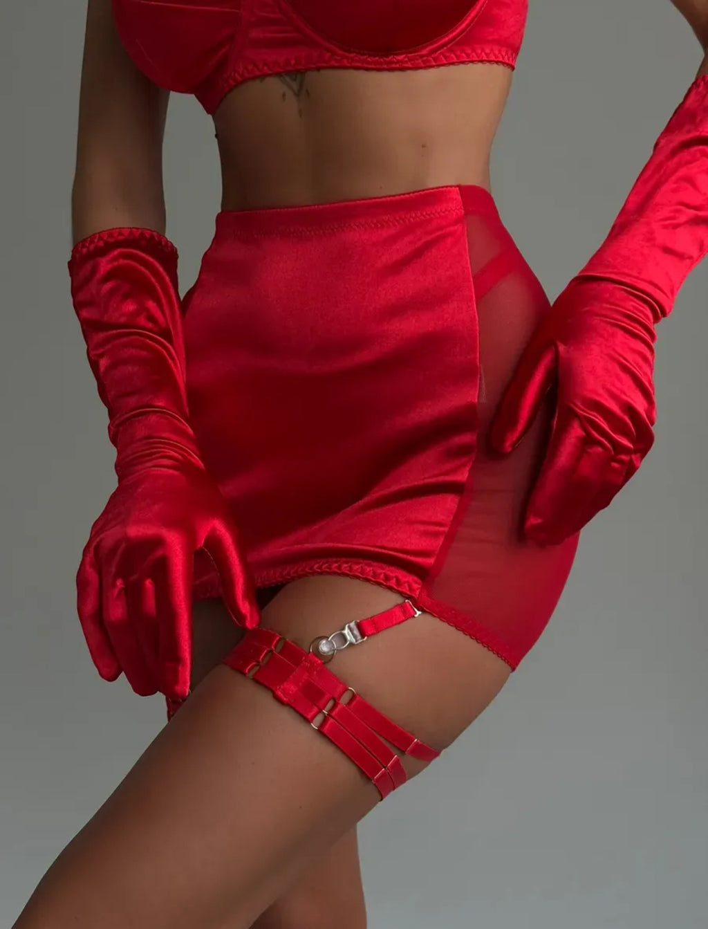 Luxury Red Satin 5-Piece Lingerie Set with Garter Belt & Choker