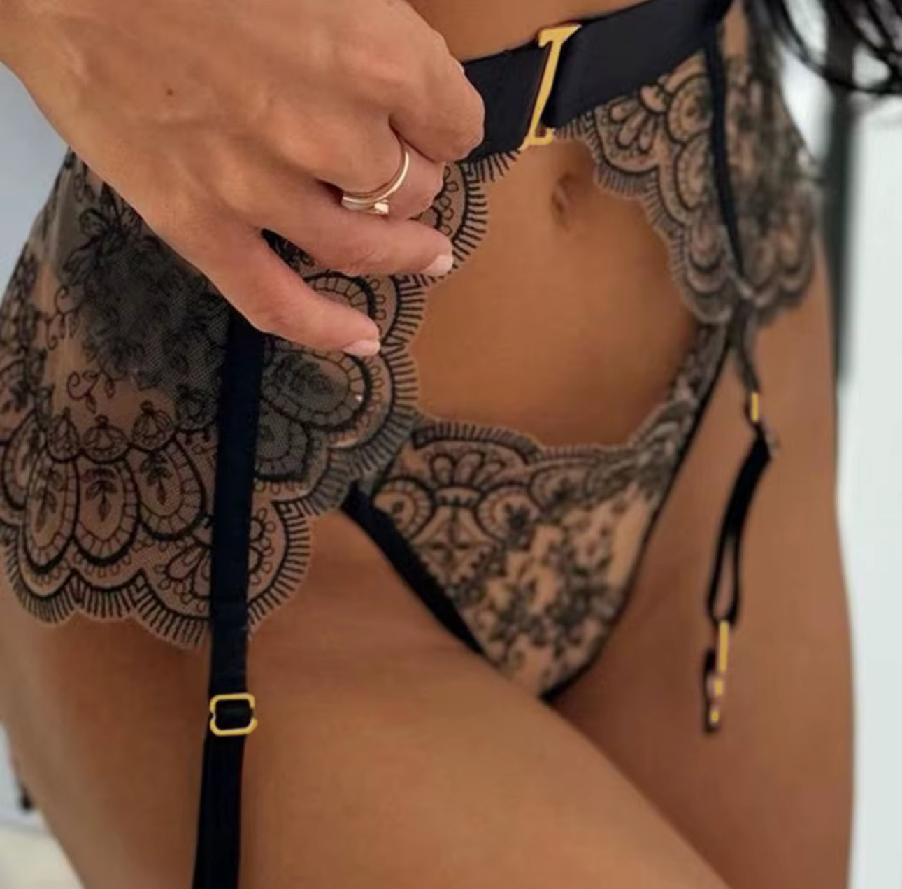 Black Lace Lingerie Set with High-Waist Garter Belt