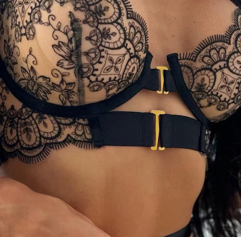 Black Lace Lingerie Set with High-Waist Garter Belt